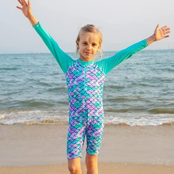 NWT! TFJH E Girls Swimsuit One Piece with Zipper Turquoise and Purple  A193-38 - Picture 1 of 11